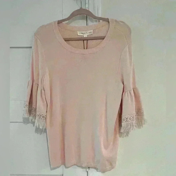 Chelsea & Theodore Pink Blush Short Sleeve Blouse Fringe Sleeves Size Large NWT - Picture 1 of 6